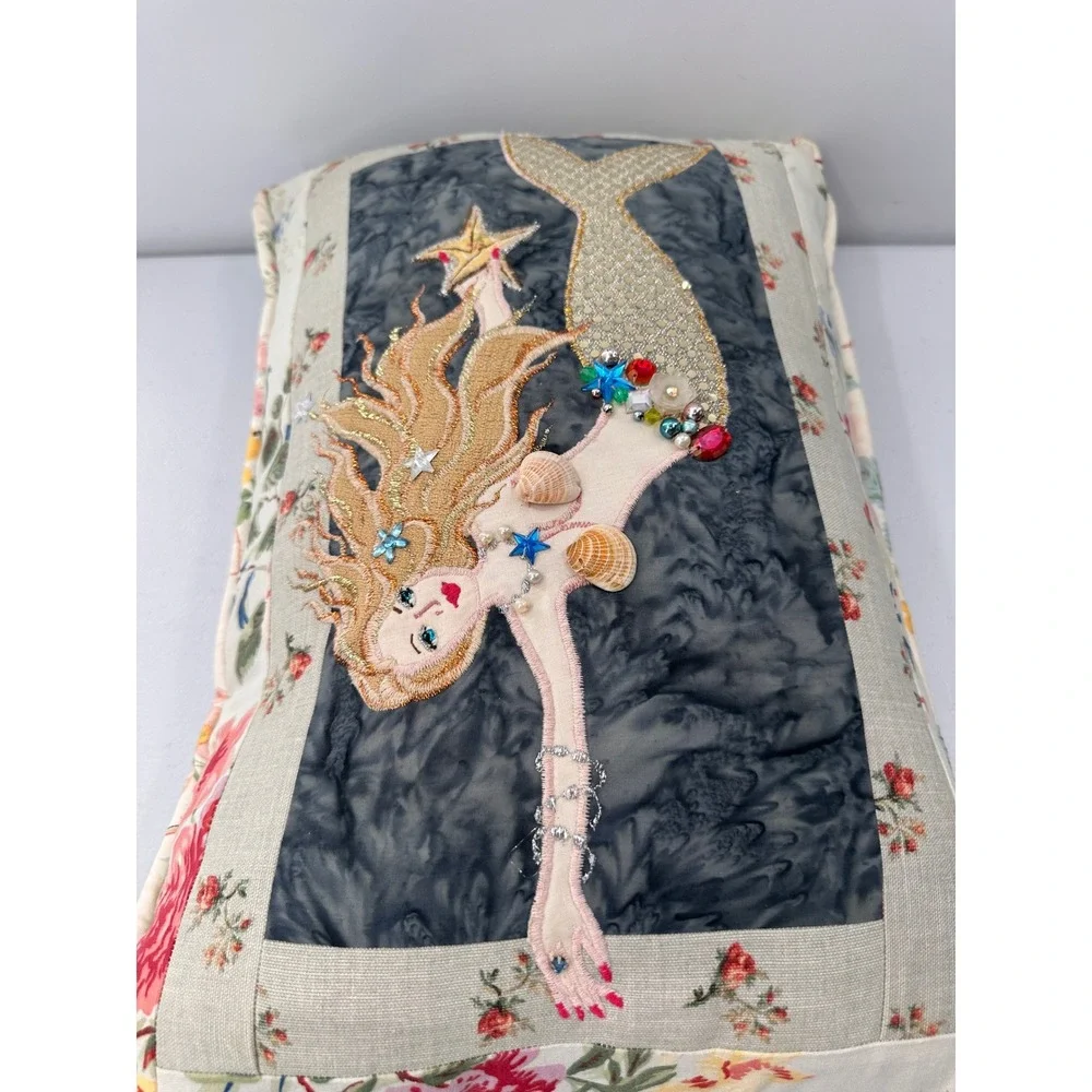 Handmade Mermaid Accent Pillow Embroidered Shells Floral 20x13 Coastal Decor